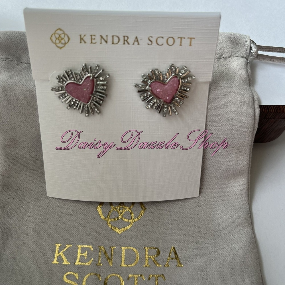 ✨New Kendra Scott x Dolly Parton Ari Heart Earrings Silver Pink Drusy🩷 - Picture 6 of 7